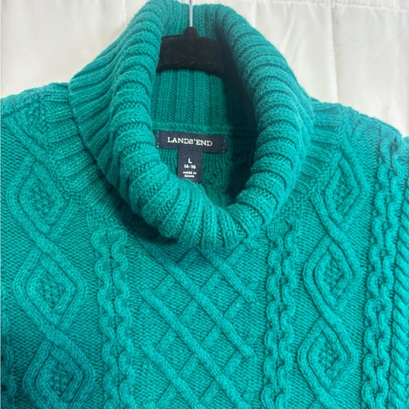 Lands' End Classic Preppy Teal Cable Knit Turtleneck Sweater - Picture 5 of 7